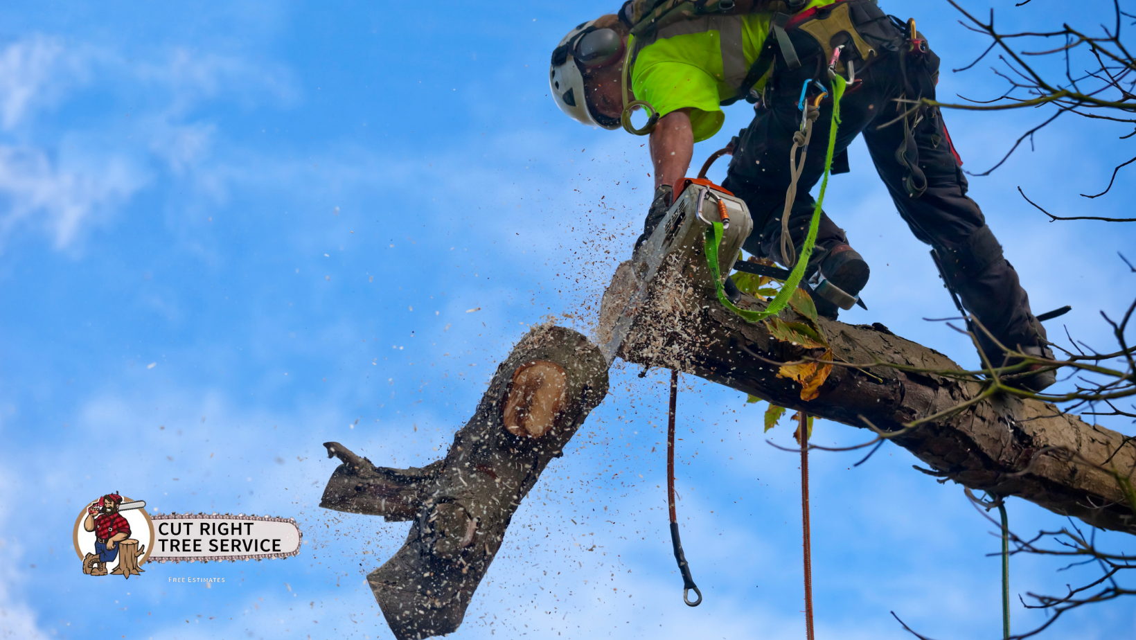 Arborist cutting a tree branch with a chainsaw, secured by ropes against a blue sky.