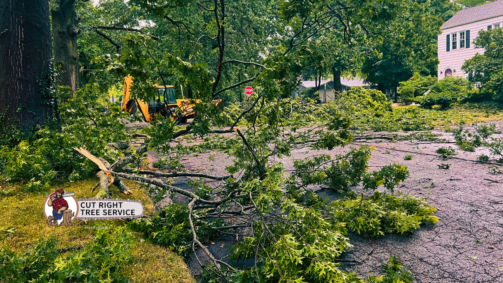 A Cut Right Tree Service truck works on cleaning up fallen tree branches scattered across a residential lawn.