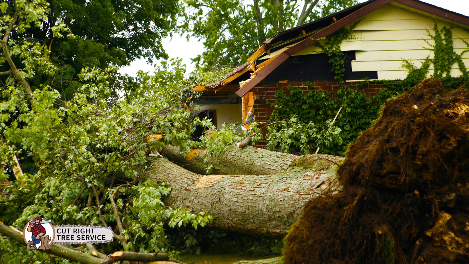 A large fallen tree lies across the roof and siding of a damaged, light-colored house.