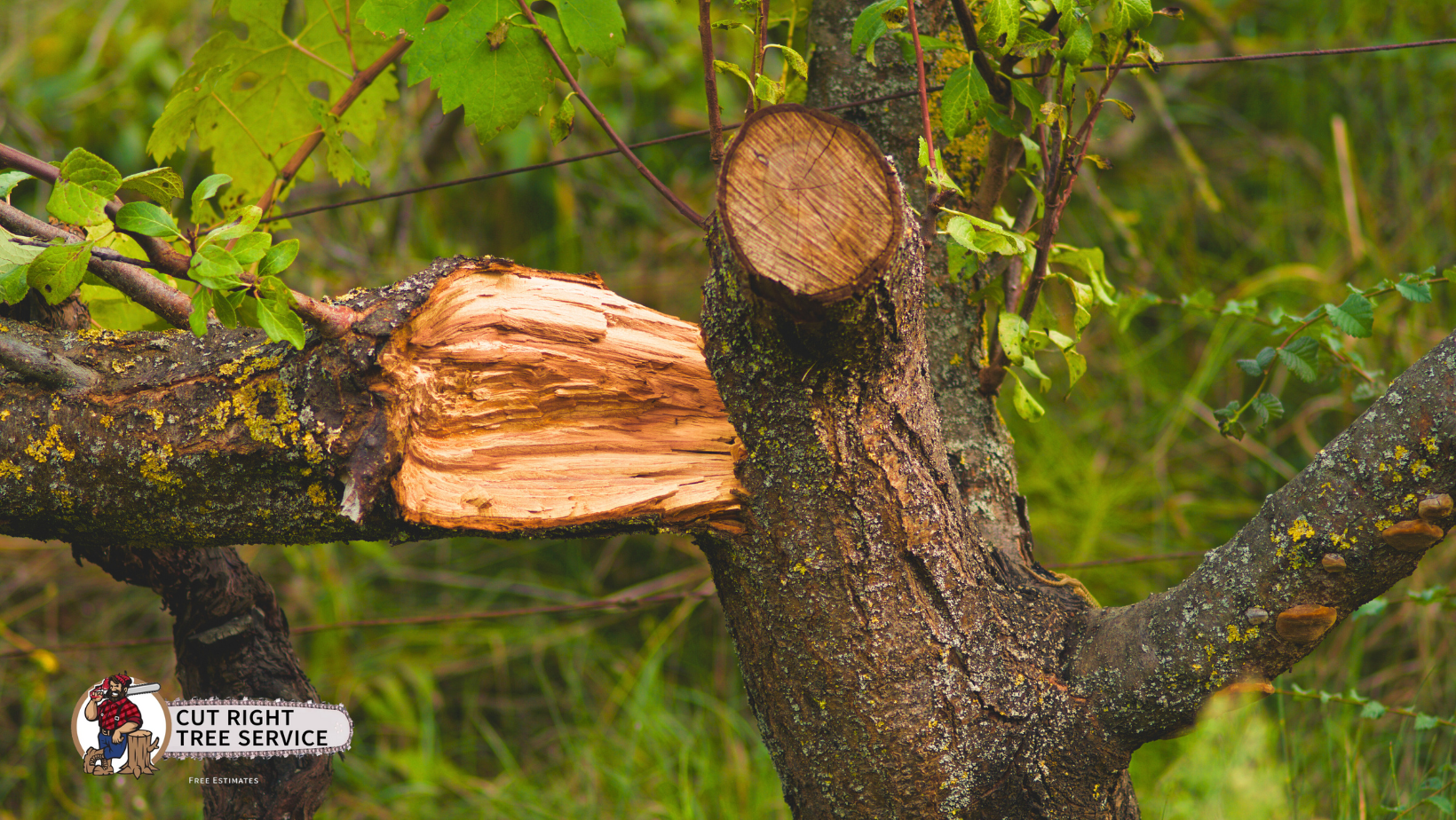 A fractured tree branch with exposed, fibrous light-brown wood, next to a clean, circular saw-cut on another branch.