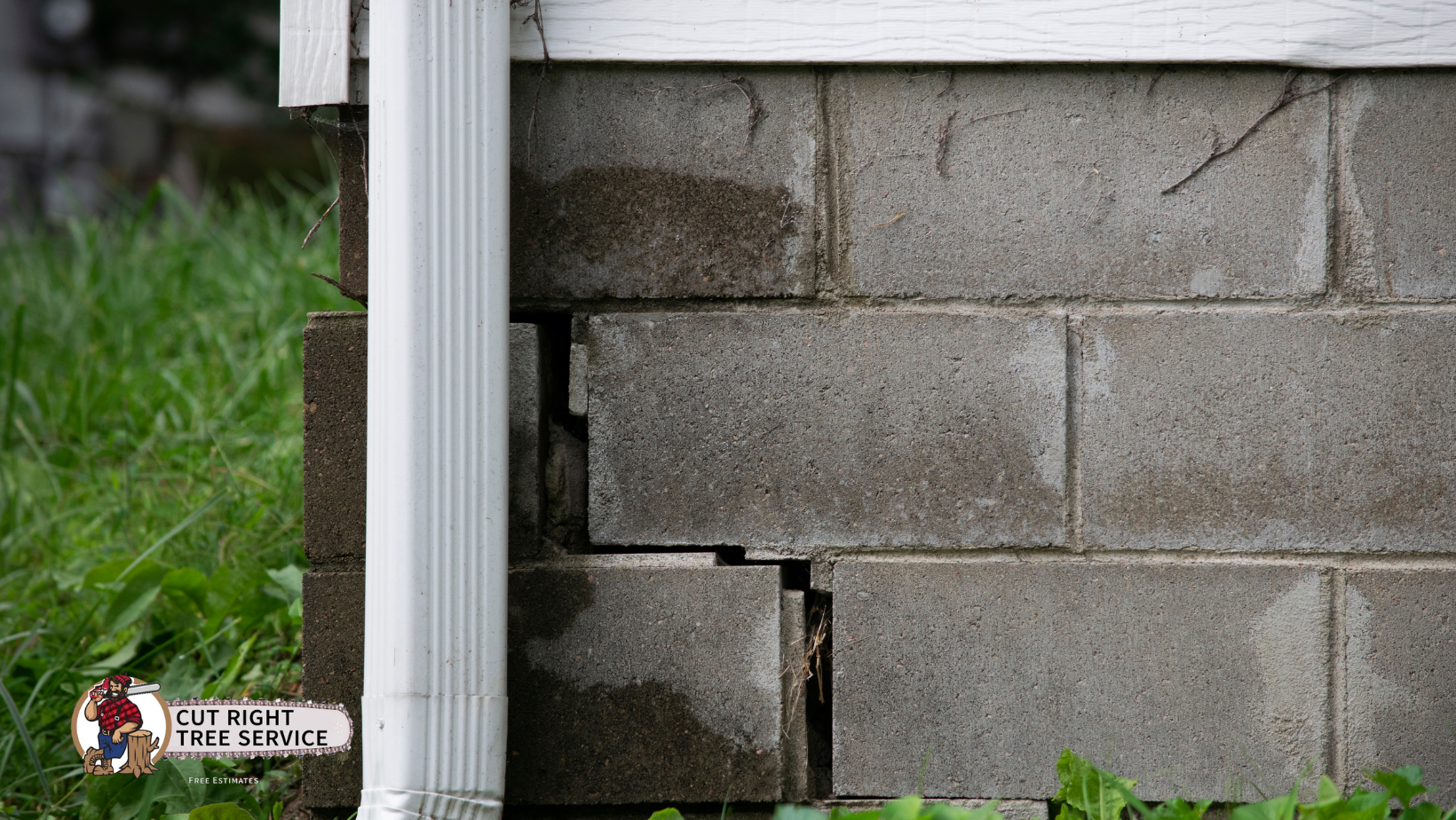 A vertical crack in a gray concrete block foundation wall near a white downspout.
