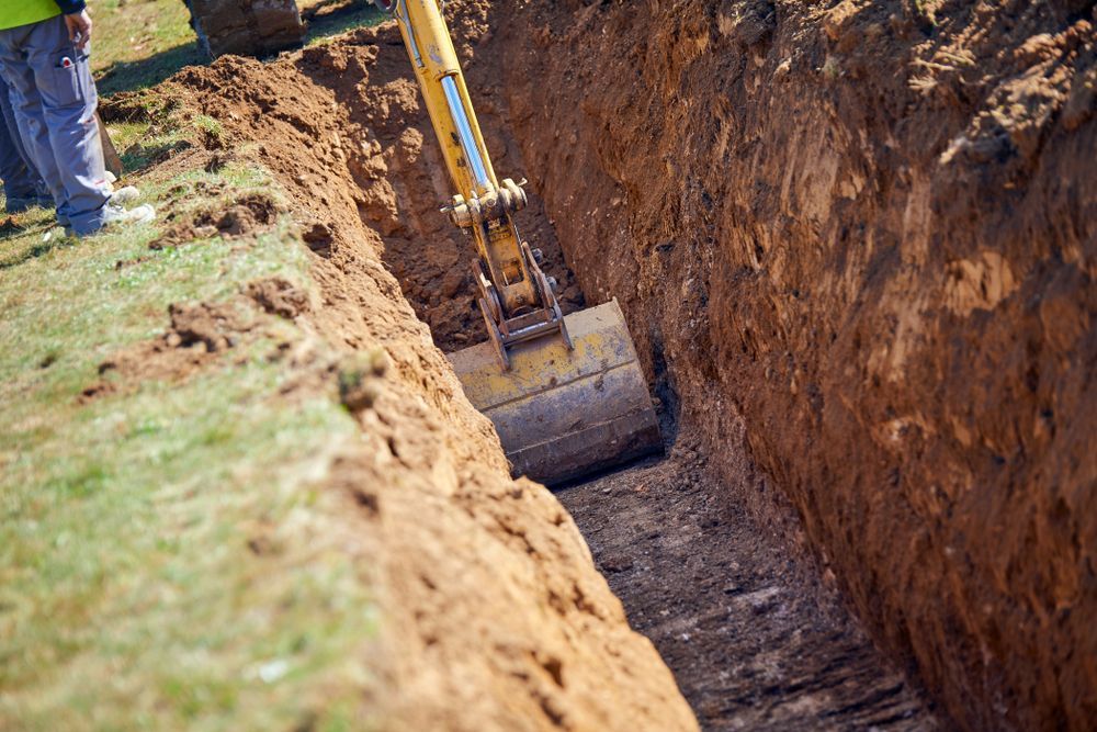 Excavator digging a trench in a dirt field, with a worker standing nearby — Hinch Plumbing In Breakwater, VIC