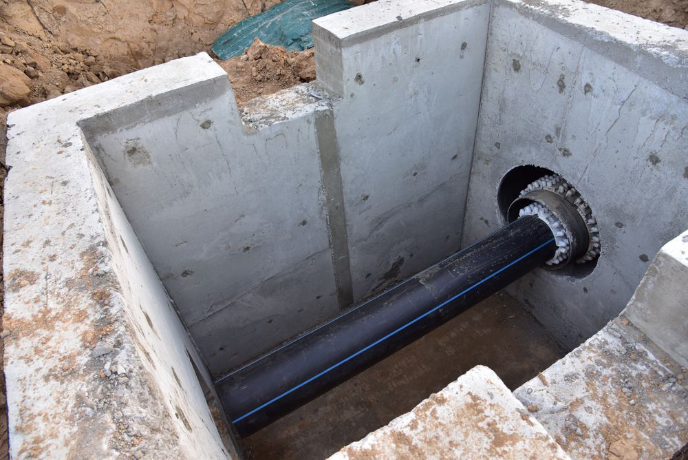 Black Pipe Running Through a Concrete Pit Opening with A Metal Flange Connection — Hinch Plumbing In Breakwater, VIC