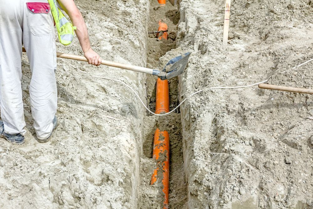 Worker Using a Shovel in A Deep Trench Beside an Orange Utility Pipe Being Installed — Hinch Plumbing In Breakwater, VIC
