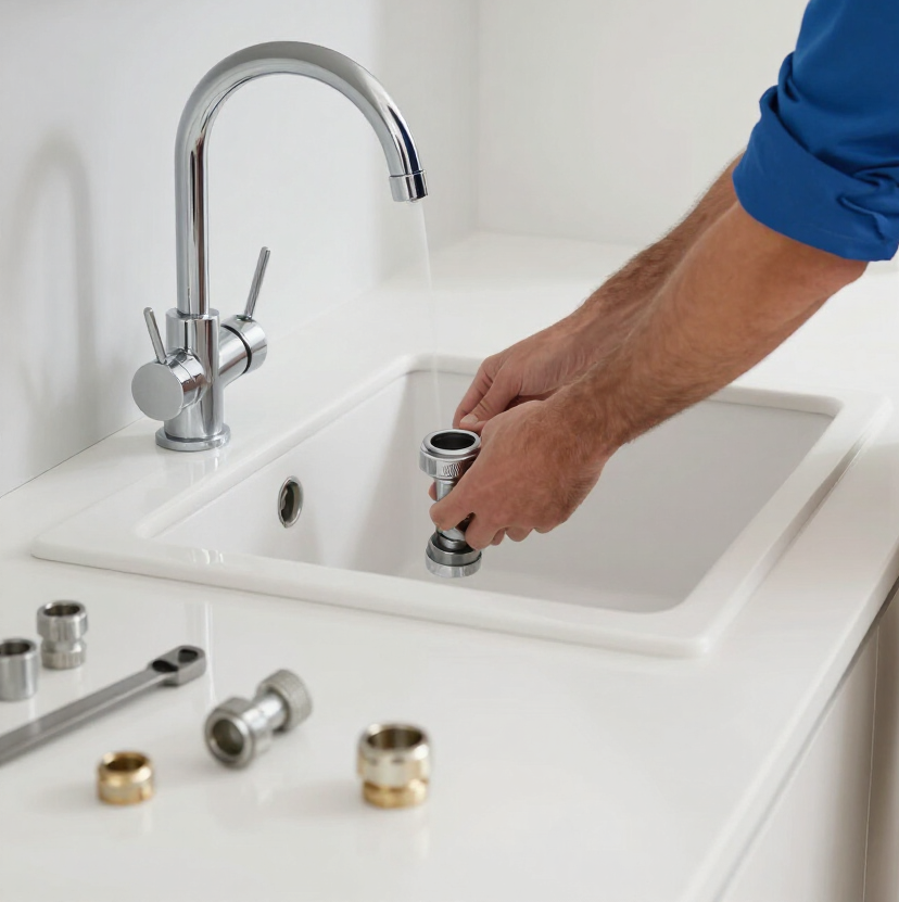 Plumber Installing a Chrome Faucet on a White Sink With Scattered Fixtures Nearby — Hinch Plumbing In Breakwater, VIC