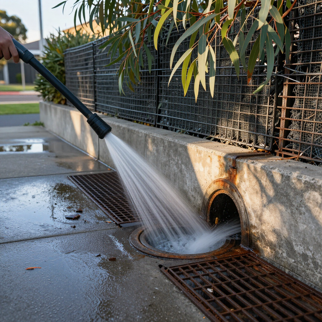 Water Spraying Into a Storm Drain Beside a Sidewalk and Fence, Washing Debris Away — Hinch Plumbing In Breakwater, VIC