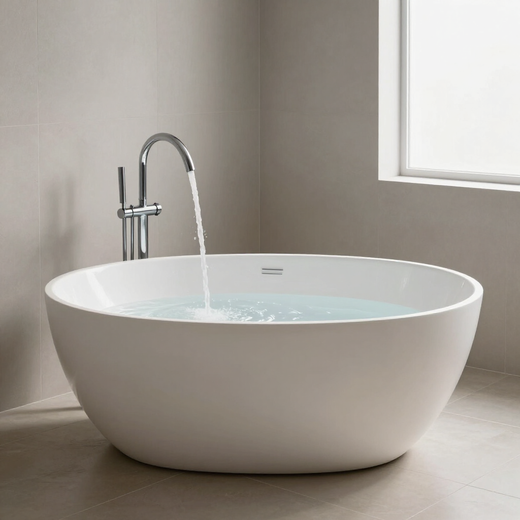 Modern white freestanding bathtub filling with water in a bright bathroom by a window — Hinch Plumbing In Breakwater, VIC