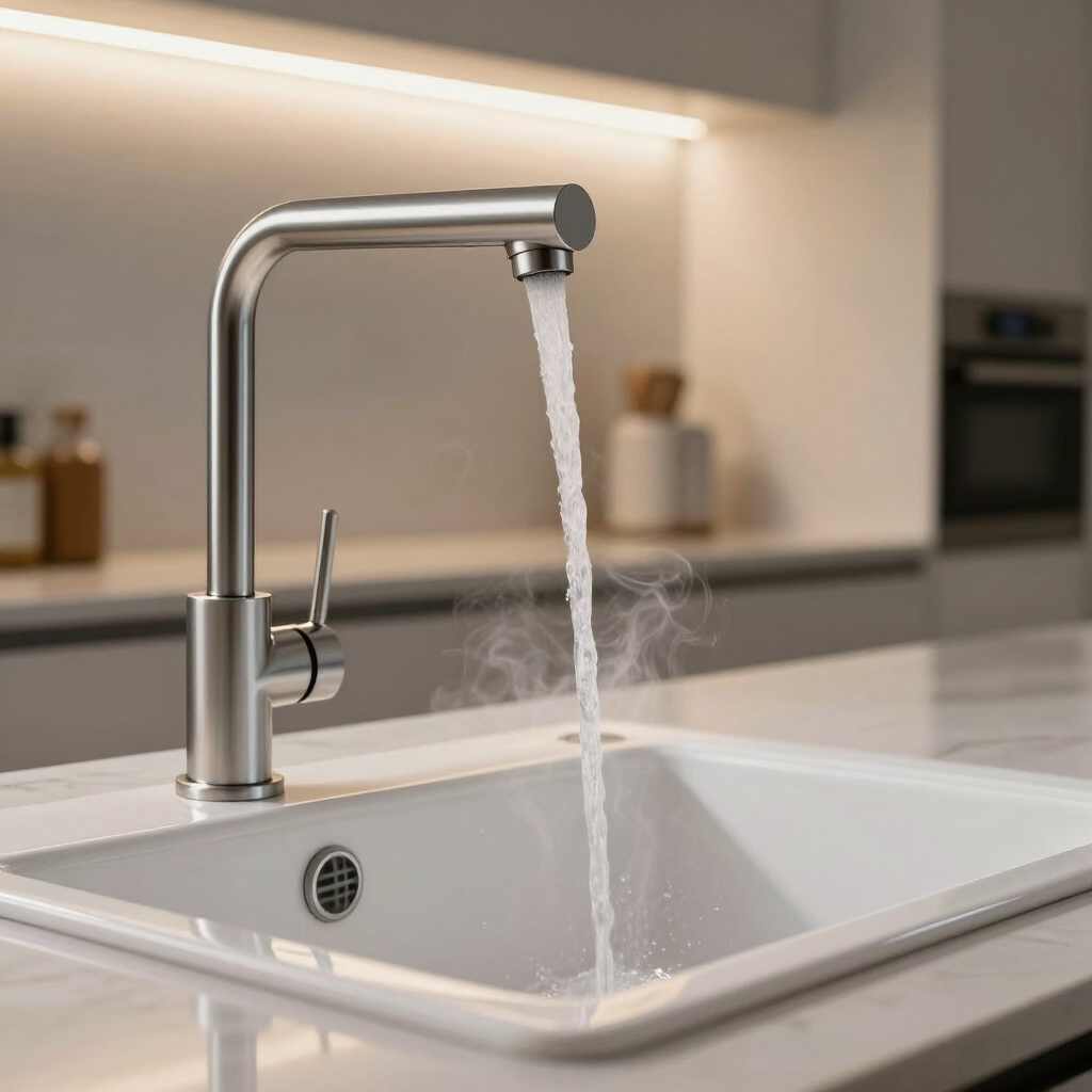 Chrome kitchen faucet running water into a white sink in a modern kitchen — Hinch Plumbing In Breakwater, VIC