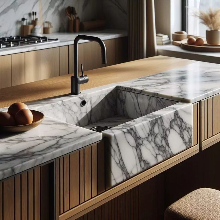 Modern Kitchen With a Marble Island Sink, Black Faucet, and Wood-paneled Cabinetry — Hinch Plumbing In Breakwater, VIC