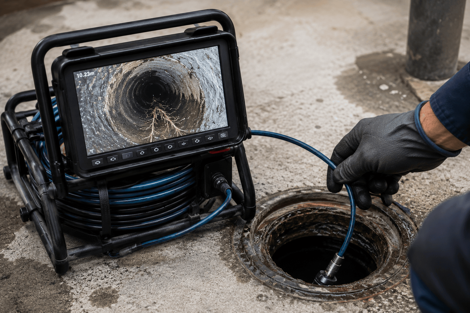 Camera Inspecting a Drain Pipe While a Worker in Gloves Feeds the Cable Into a Manhole — Hinch Plumbing In Breakwater, VIC