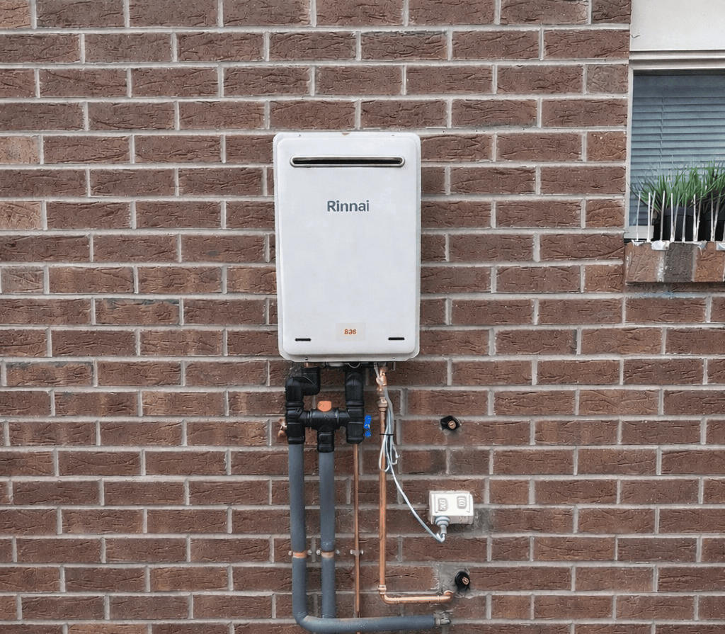 Wall-mounted utility meter on a brick exterior wall with exposed pipes and wires. — Hinch Plumbing In Breakwater, VIC