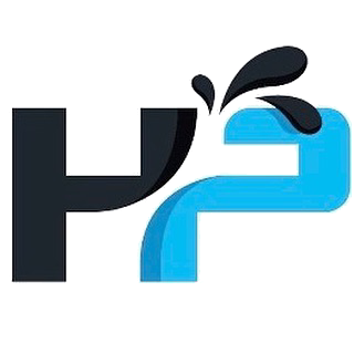Stylized black and blue H2 logo with water splash accents