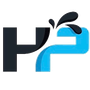 Stylized black and blue H2 logo with water splash accents