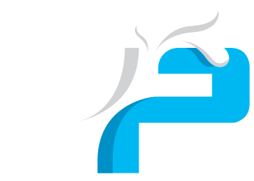 Blue and gray stylized lowercase letter P logo on a white background