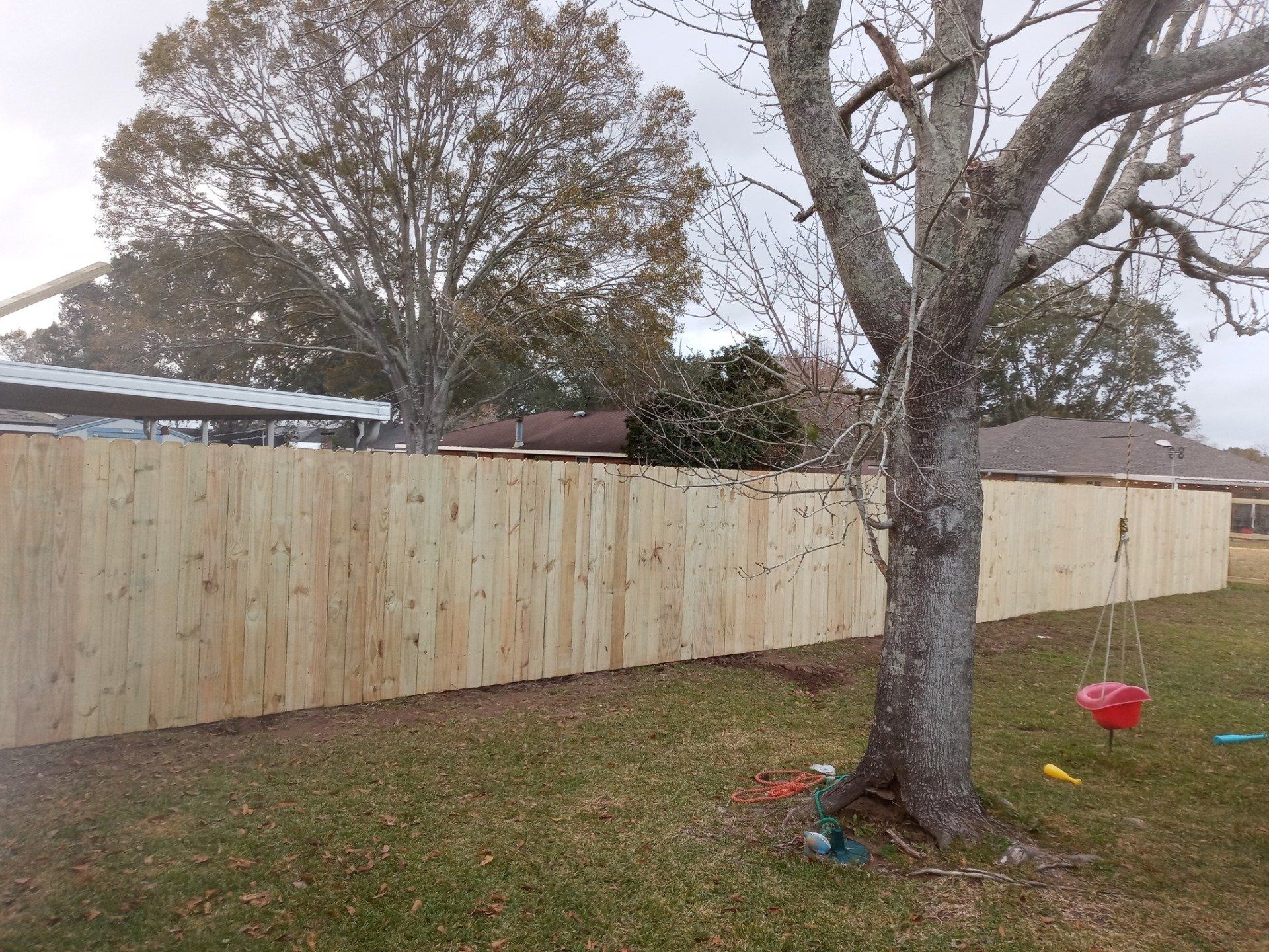 Backyard with a wooden fence, leafless trees, and a red heart decoration near a tree trunk