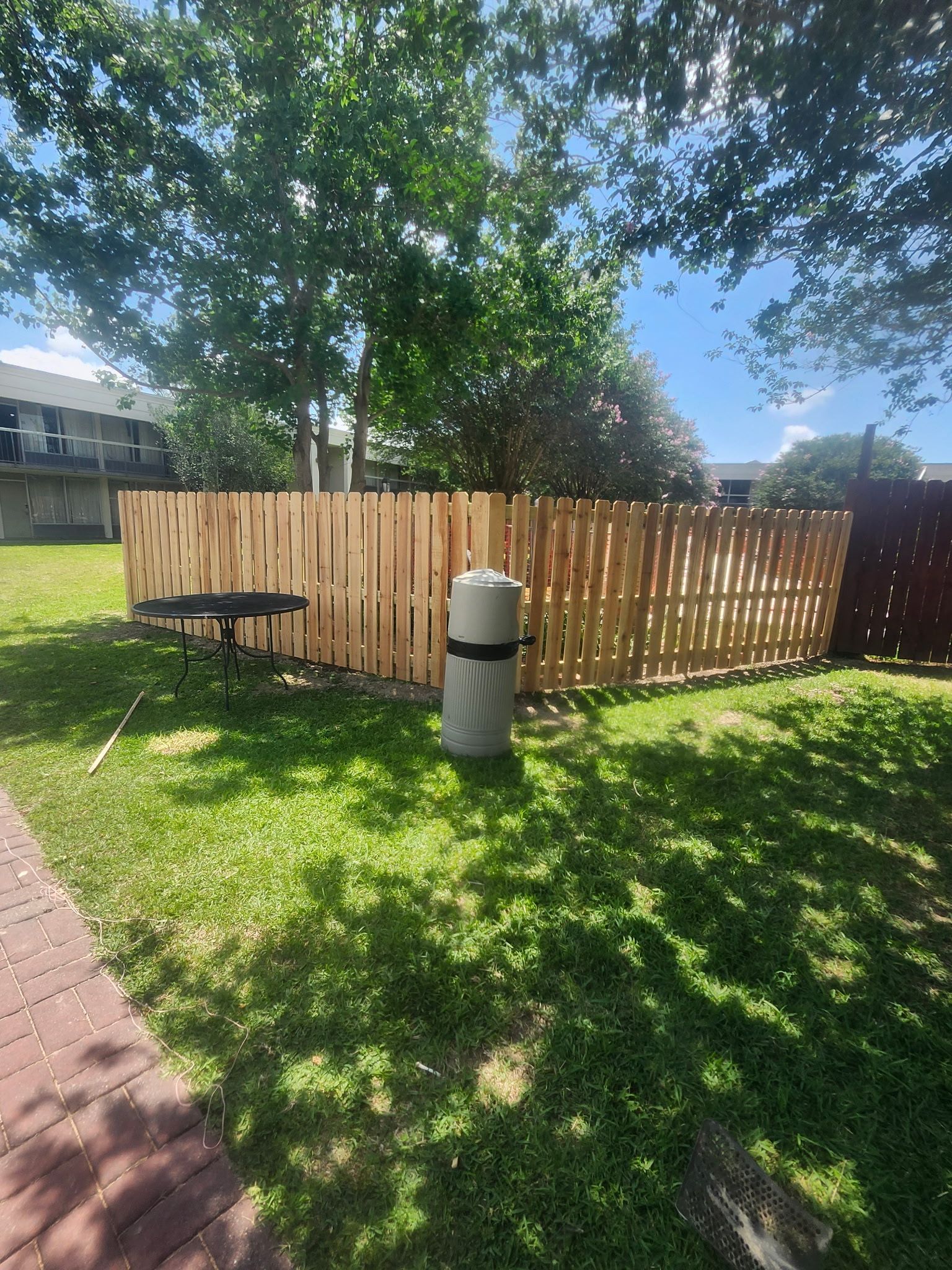 Wooden fence around a grassy yard with a trash bin and a tree in bright sunlight