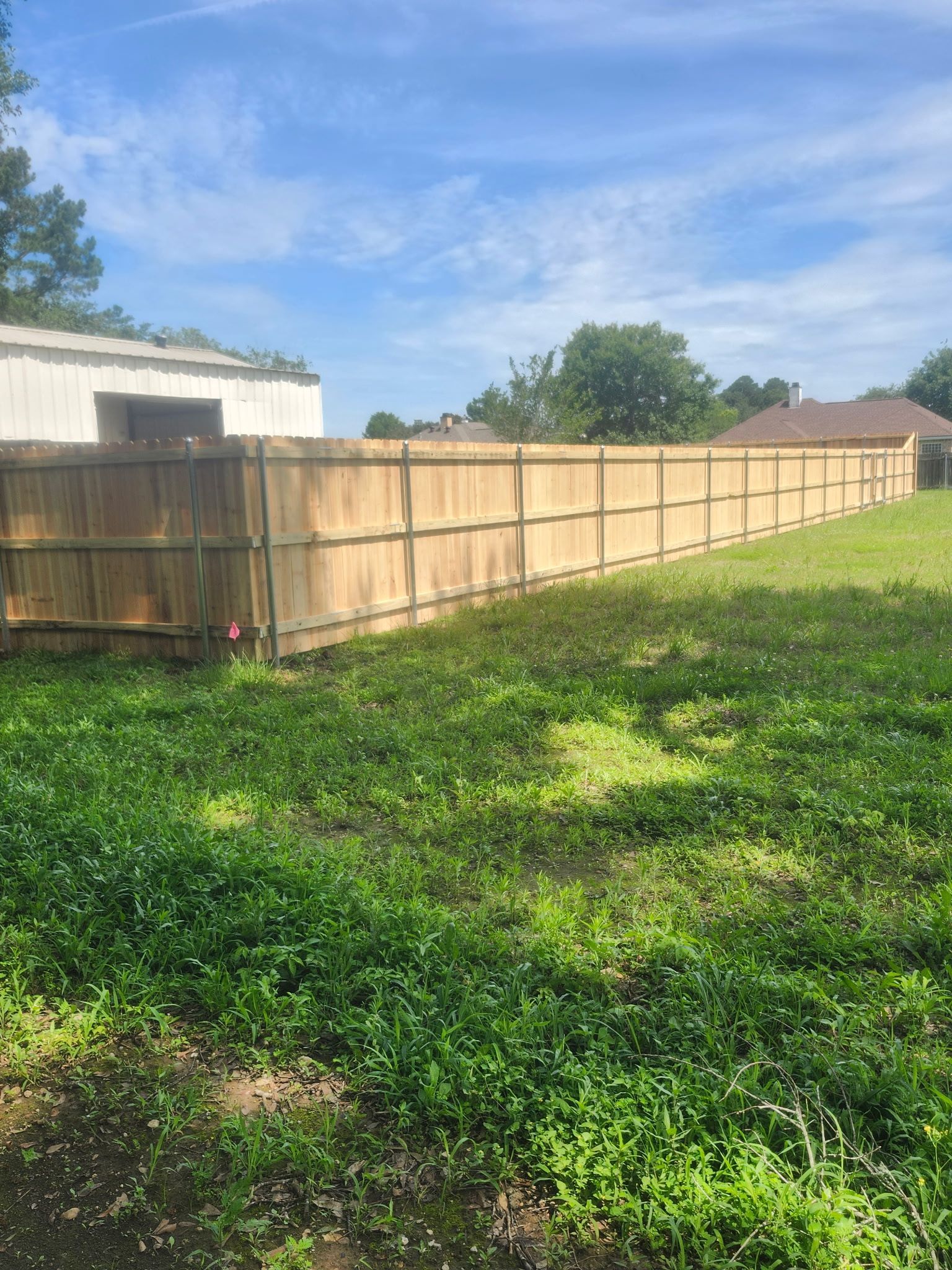 Backyard with a long wooden privacy fence, green grass, and houses under a blue sky