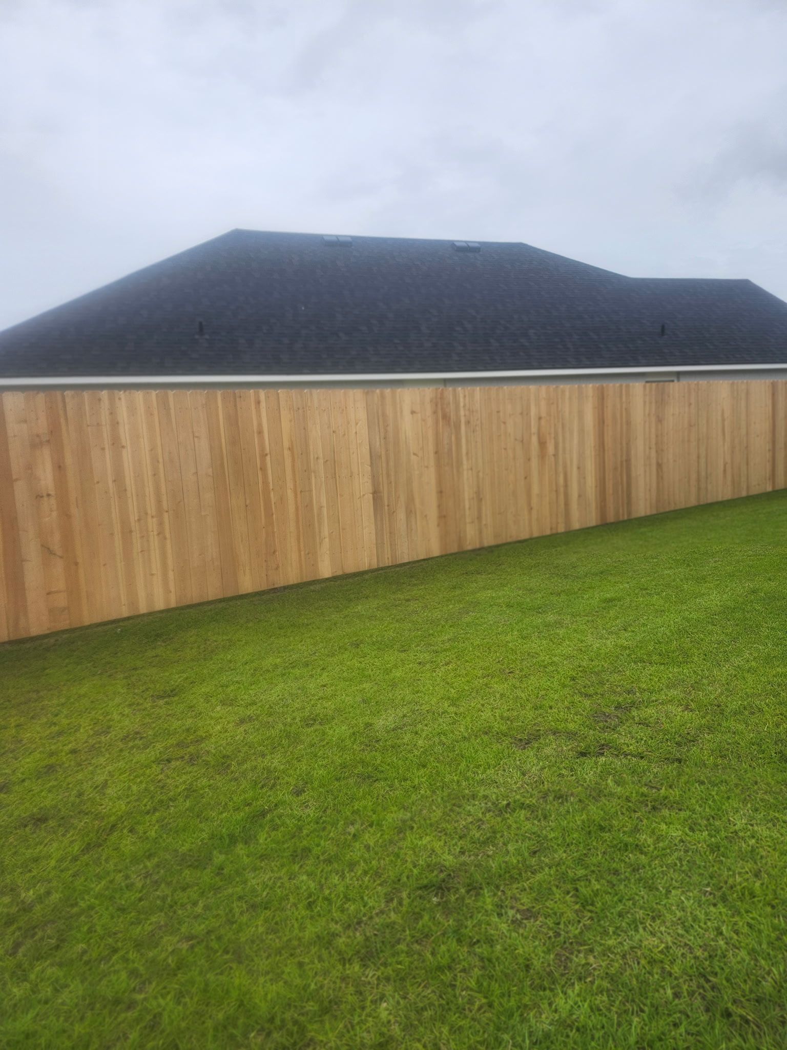 Backyard with green lawn, wooden fence, and a dark roof under a cloudy sky