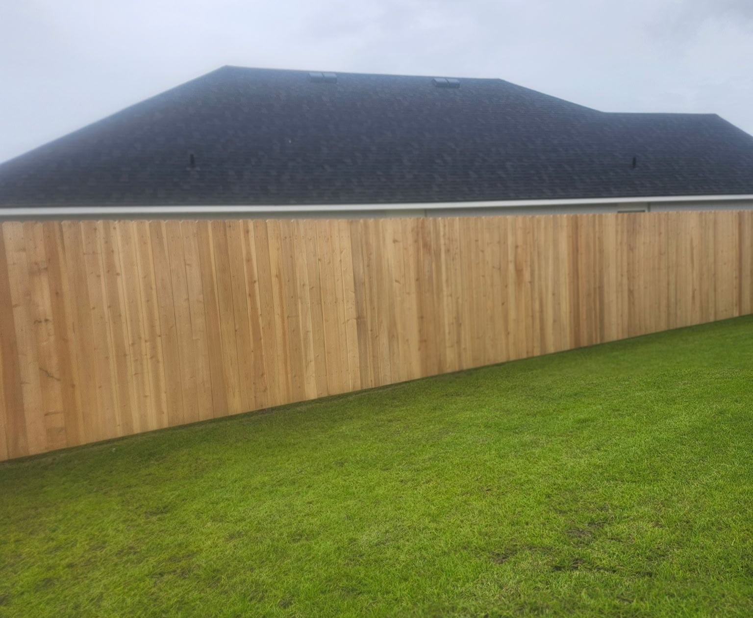 Backyard with green lawn, tall wooden fence, and dark gray roof under cloudy sky