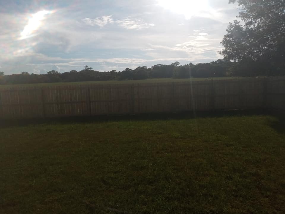 Backyard with grass, wooden fence, and cloudy sky at sunset