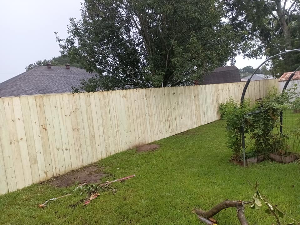 Backyard with a tall wooden fence, green grass, scattered branches, and a small tree under a cloudy sky