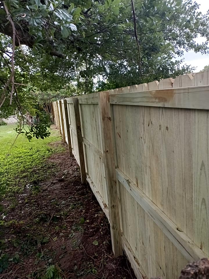 Wooden privacy fence along a grassy yard beneath trees