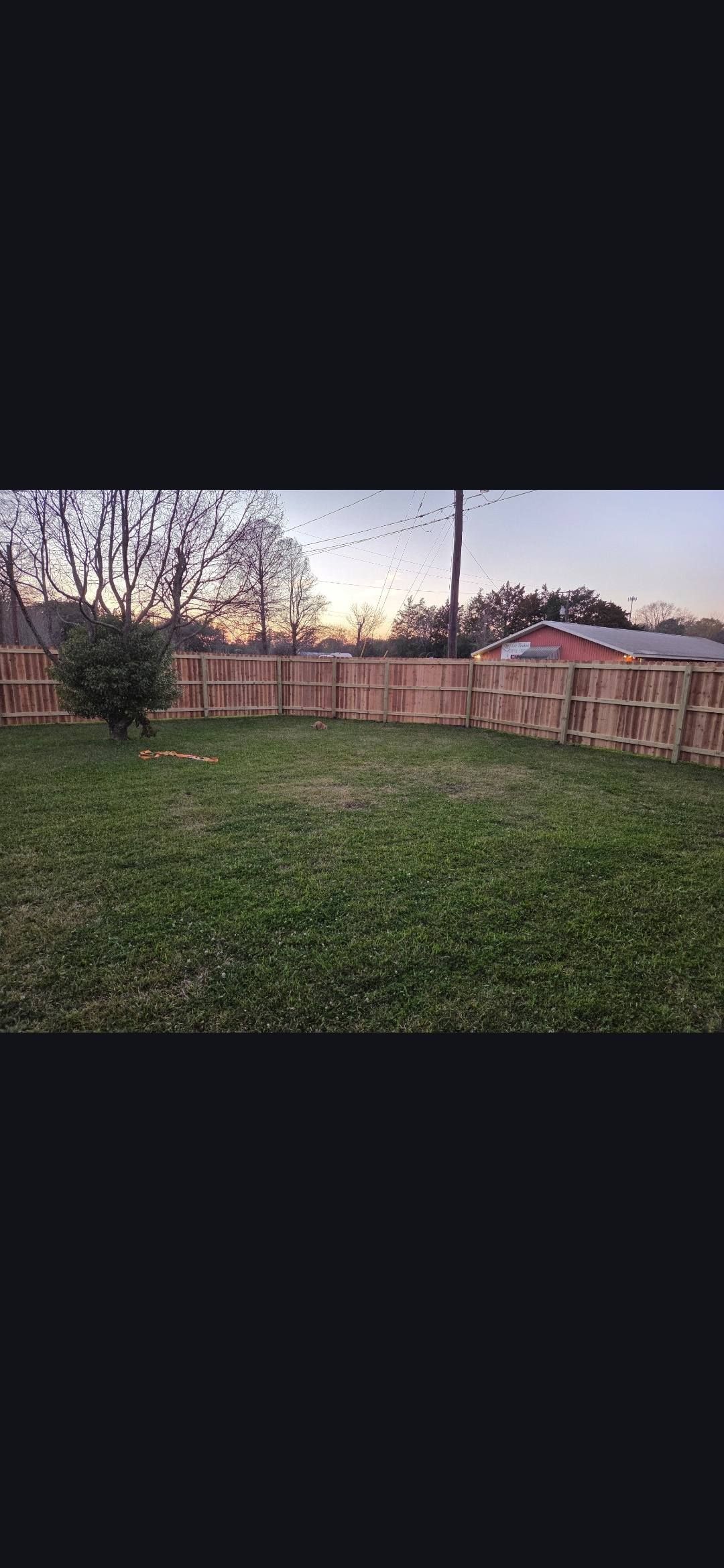 Wide grassy yard with a wooden fence, leafless trees, and houses at dusk.