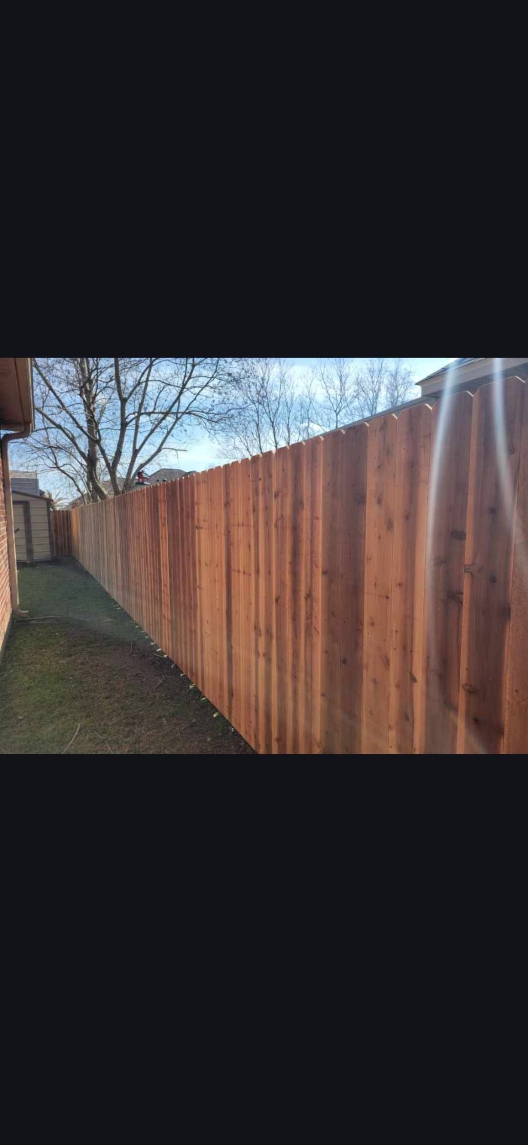 Wooden privacy fence along a narrow backyard path, with leafless trees overhead at dusk.