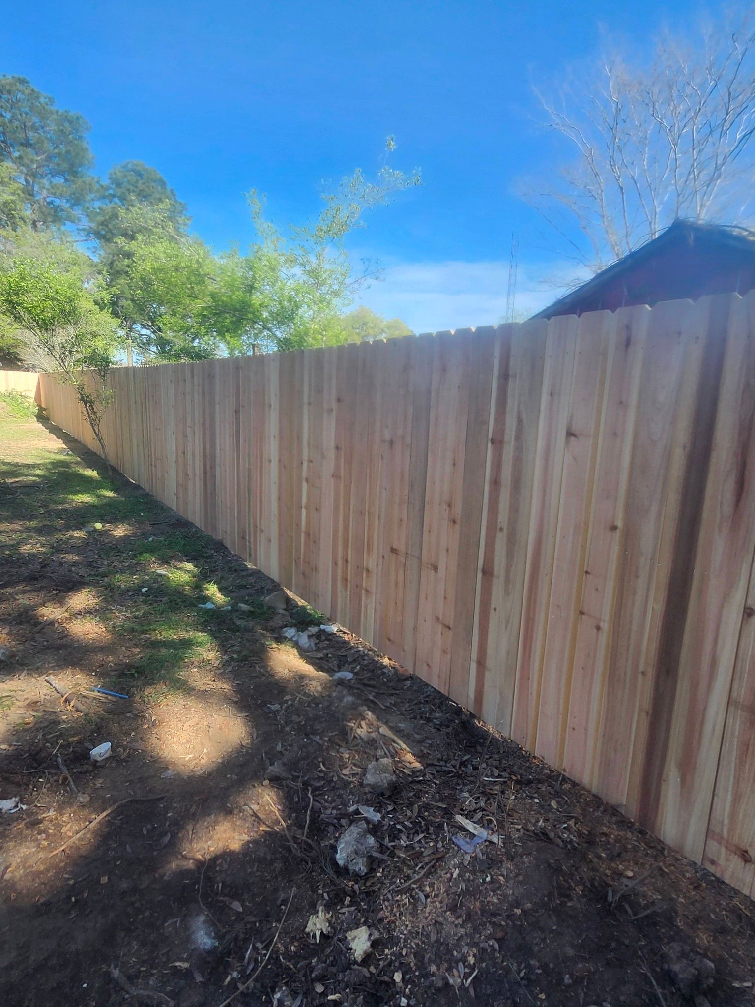 Wooden privacy fence along a dirt path beside trees under a bright blue sky.