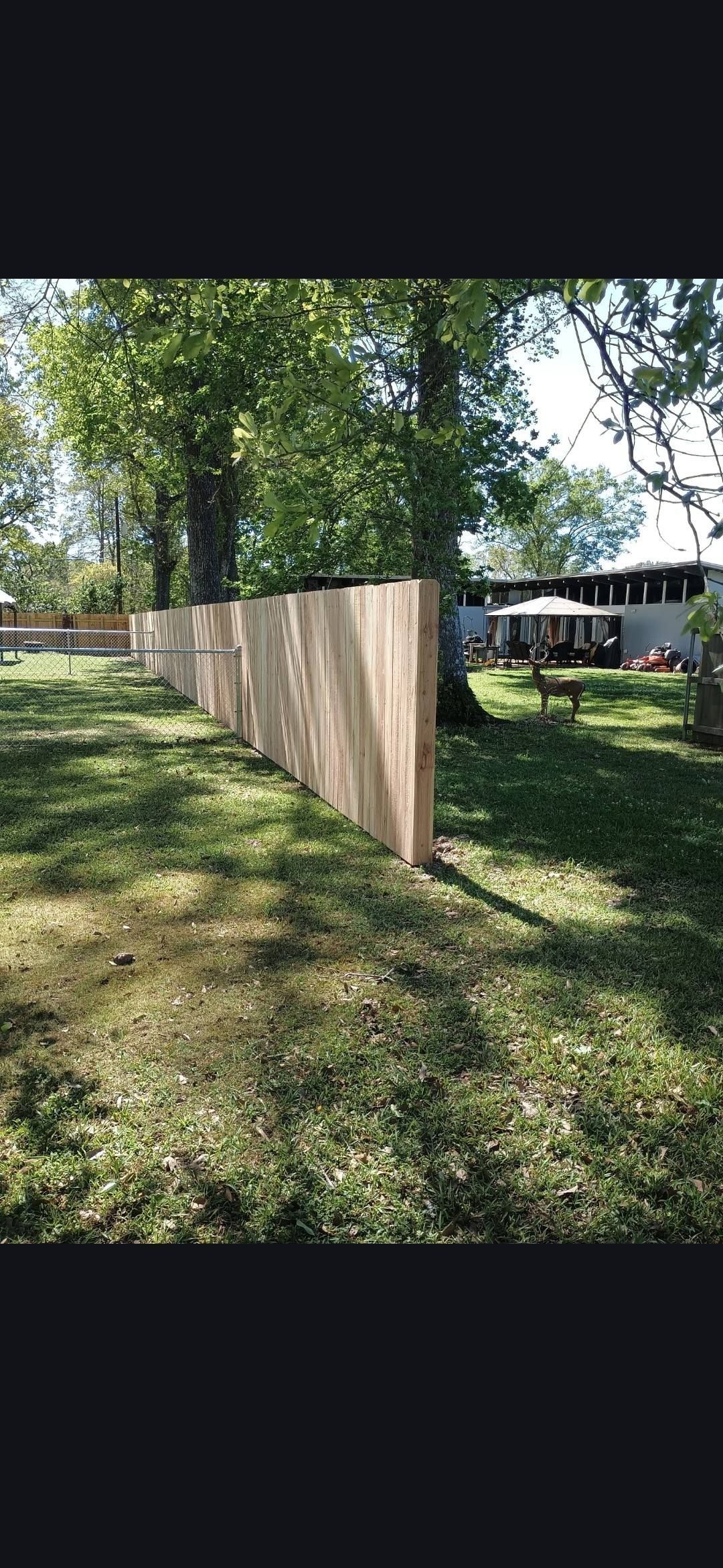 Wooden privacy fence in a grassy backyard under trees, with a house in the background