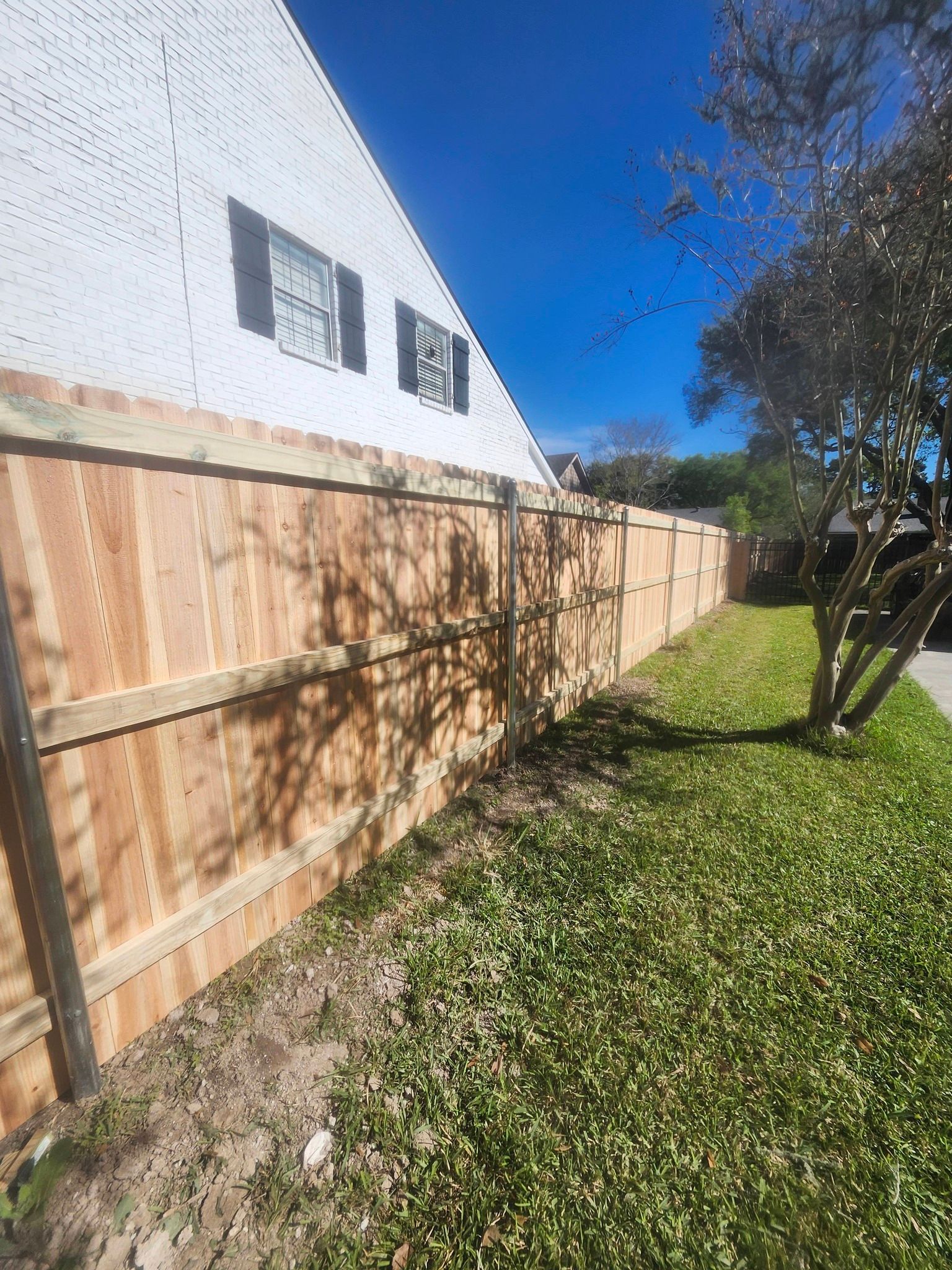 White house wall beside wooden fence, grassy yard, and a tree under a clear blue sky.