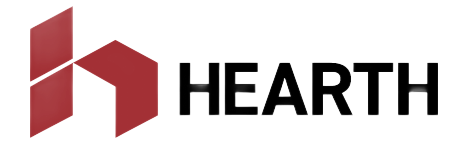 HEARTH logo with a red geometric house icon and black text on a white background