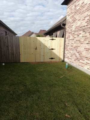 Narrow grassy backyard with a wooden fence gate between two brick houses.