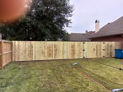 Backyard with new wooden fence, patchy grass, and roofline of neighboring house under cloudy sky