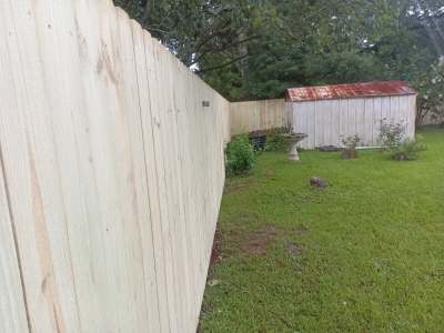 Weathered white fence beside a grassy yard, with a small shed and trees in the background.