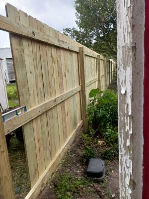 Narrow backyard passage beside a wooden fence, with a small black utility box on the ground.