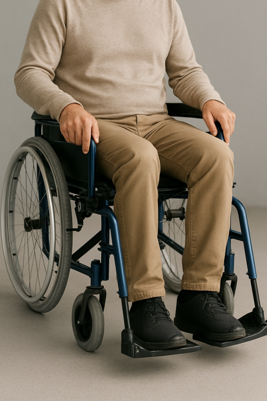 Persona con maglione e pantaloni color marrone chiaro seduta su una sedia a rotelle blu.