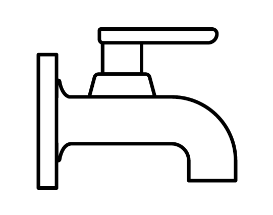 A black and white drawing of a faucet on a white background.