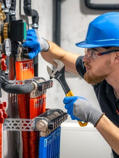 A plumber wearing a blue hard hat is working on a gas pipe with a wrench.