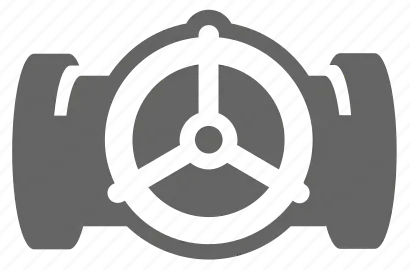 A gray and white icon of a steering wheel on a white background.