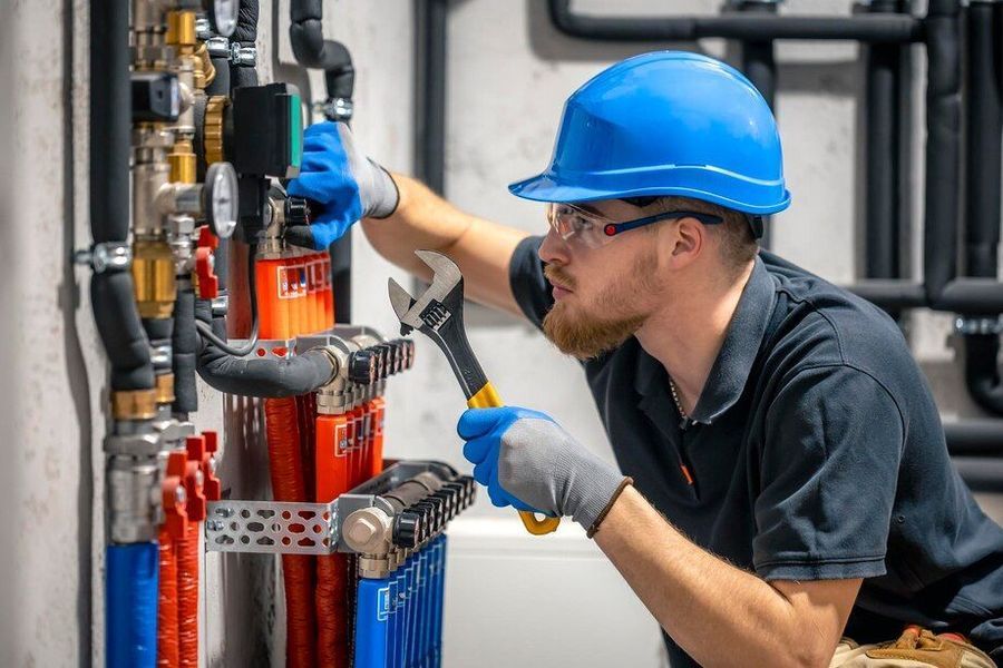 A man wearing a hard hat and safety glasses is working on gas plumbing.