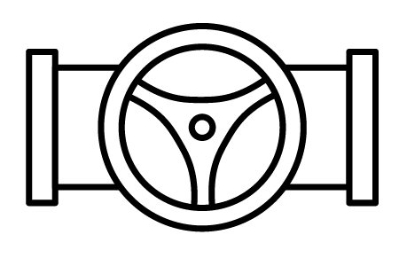 A black and white drawing of a steering wheel on a white background.