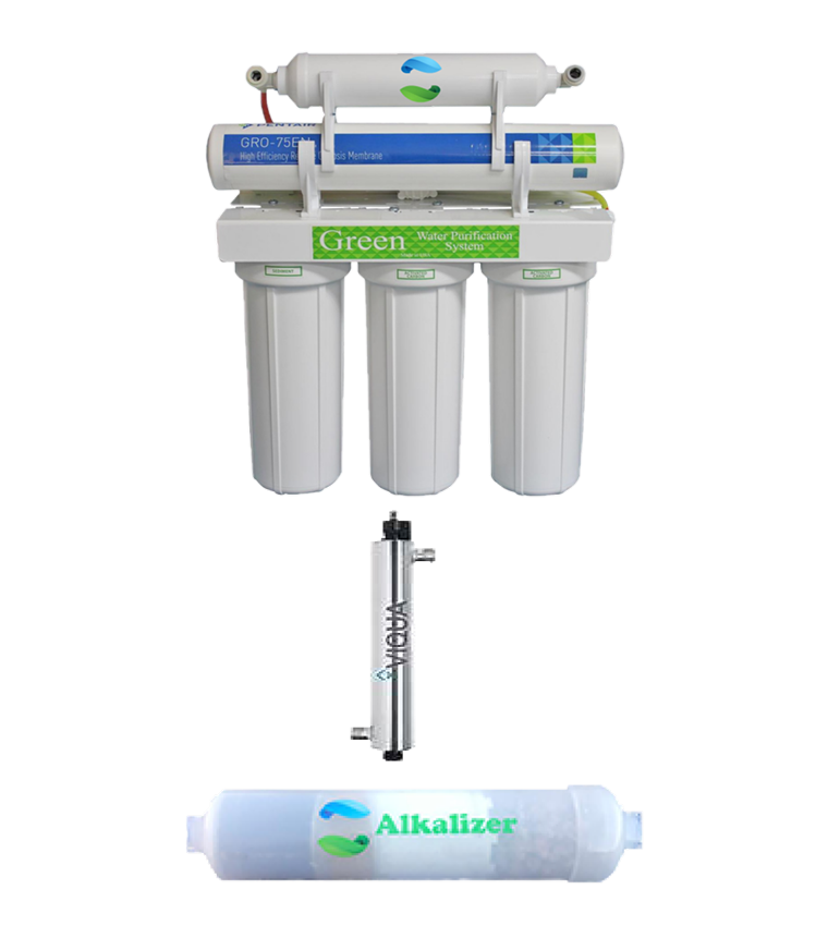 A picture of a water filter , a uv filter , and an alkalizer.