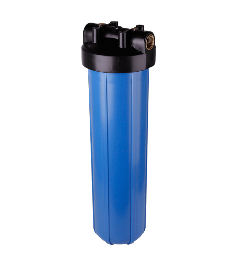 A blue water filter housing with a black lid on a white background.