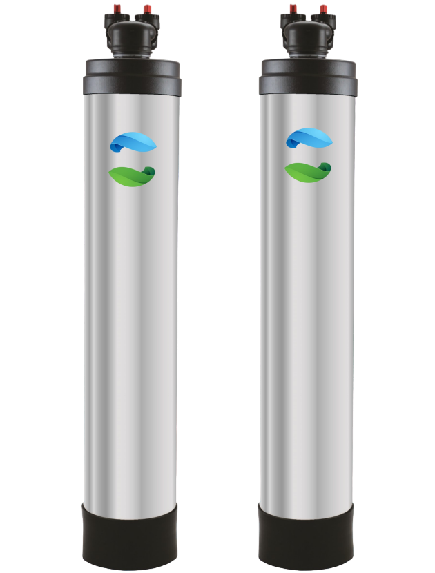 Two stainless steel water filters are sitting next to each other on a white background.