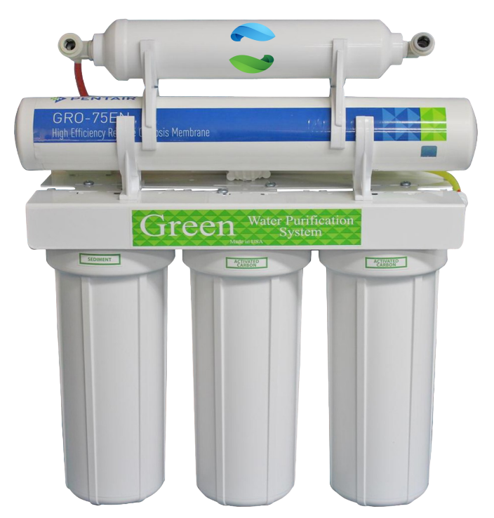 A green water purifier system is shown on a white background