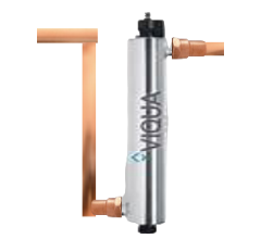 A stainless steel water filter with copper pipes attached to it.