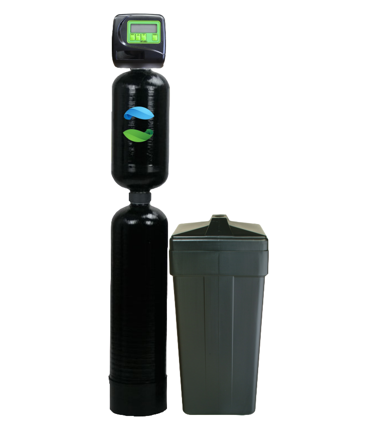 A water softener is sitting next to a trash can on a white background.