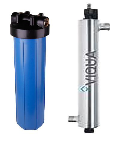 A blue water filter and a uv filter on a white background.