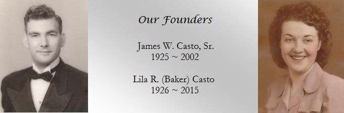 Memorial plaque titled “Our Founders” with black-and-white and color portraits and names/dates of James W. Cato and Lisa R. Cato